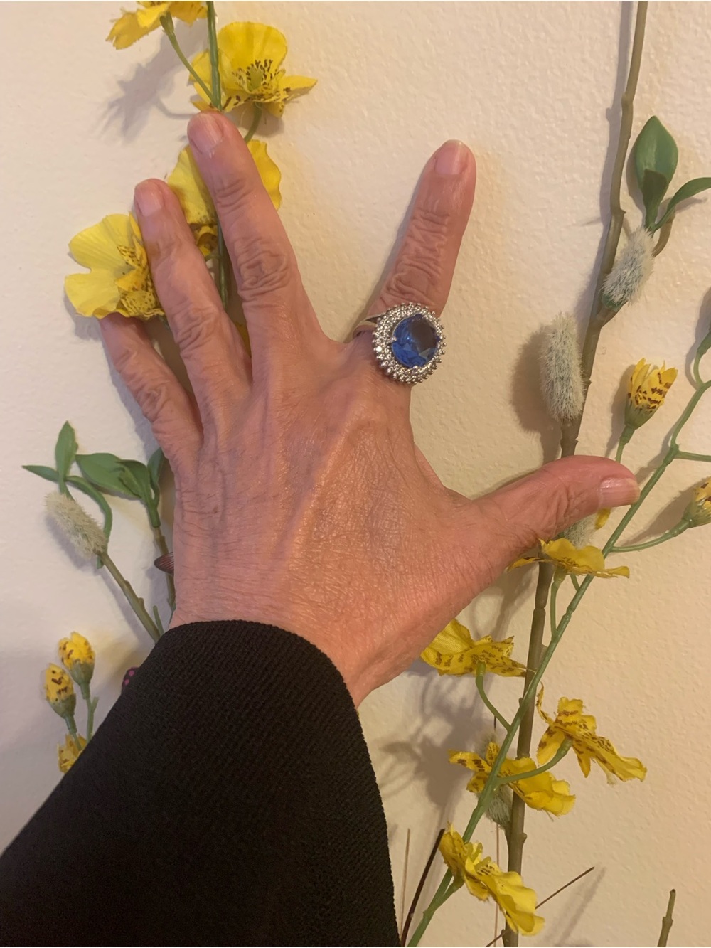 Silver Ring with Large Blue Center Stone and Halo